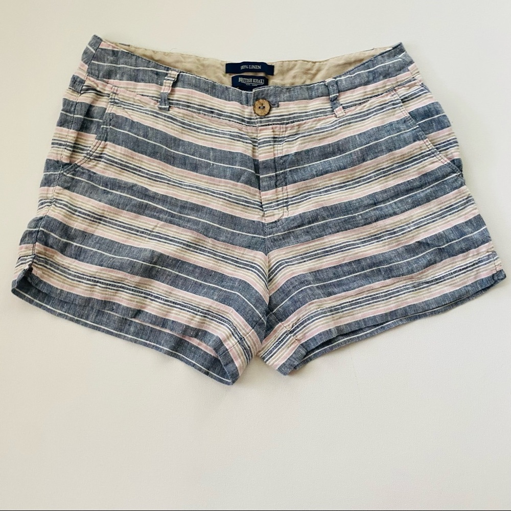 British Khaki Striped Linen Shorts